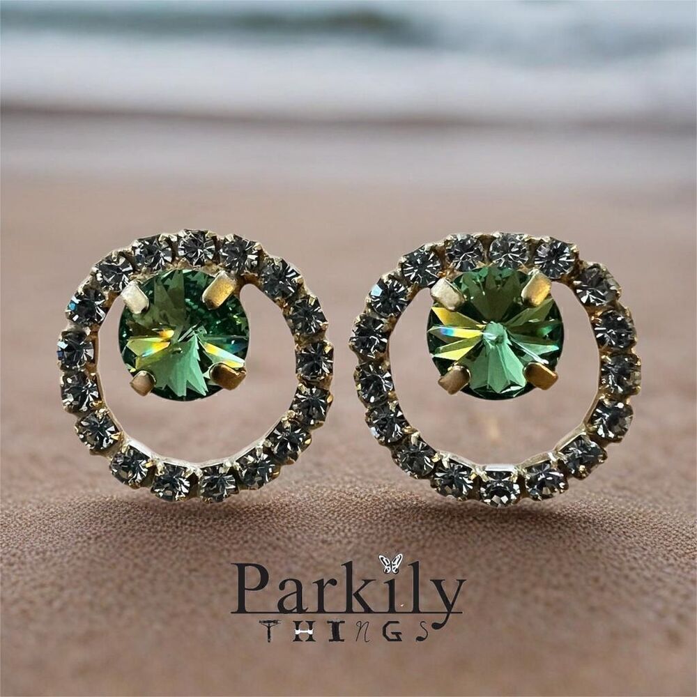 Handcrafted earrings with peridot and clear Swarovski crystals super sparkly